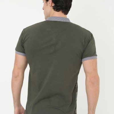 Erkek Polo Yaka tişört Slim Fit Baskılı Kısa kol T-Shirt - Haki
